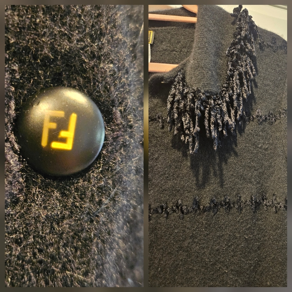 VINTAGE Fendi Cardigan Sweater Appliqué Stitched Fringe Collar Black Womens 42 8 - Picture 10 of 14